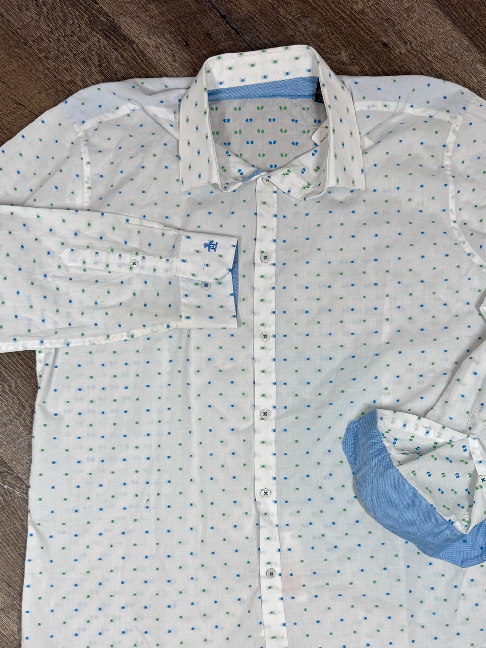 Penguin Summer White Button-Down Shirt with Blue and Green Dot Print sz 17-34/35
